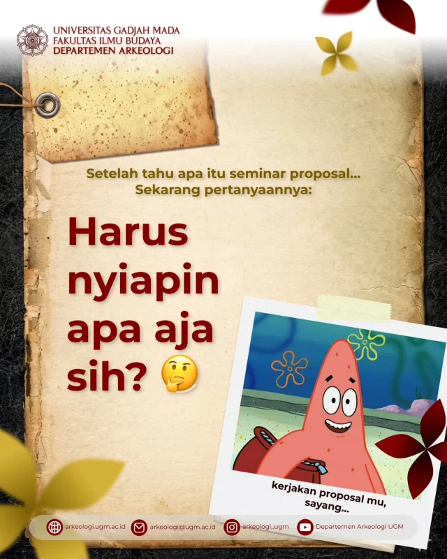 Udah tahu apa itu seminar proposal, sekarang waktunya siapin diri biar lebih pede hadapinnya. Yuk cek lagi apa aja yang perlu kamu siapin sebelum maju ✨

#ArkeologiUGM #MahasiswaArkeologi #SkripsiArkeologi #SeminarProposal #UGM